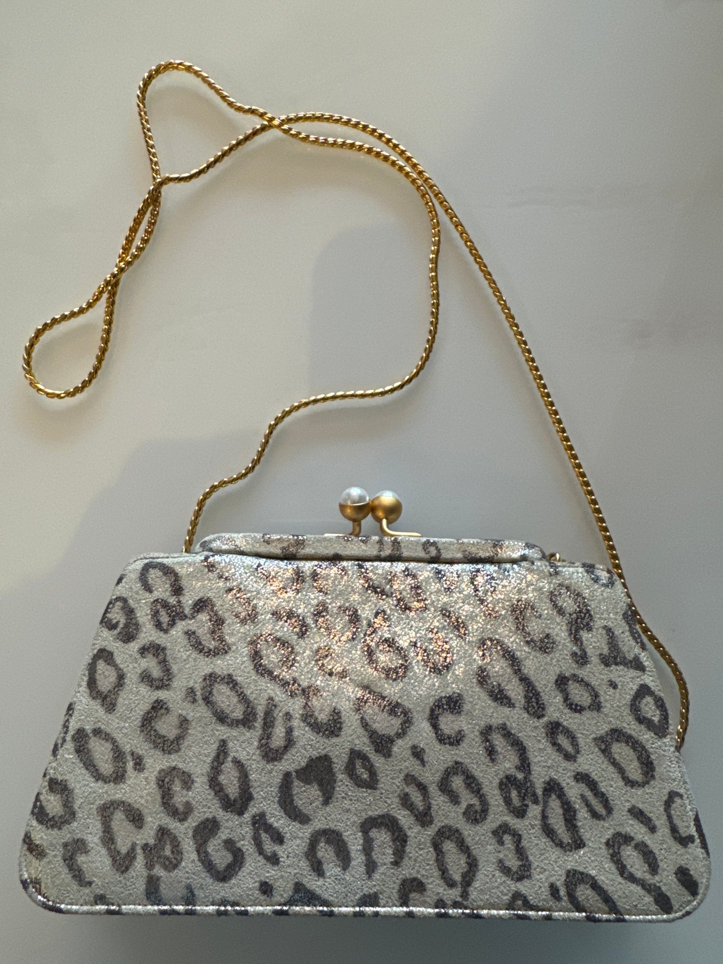 Vintage Judith Leiber leopard printed suede evening bag with pearl closure