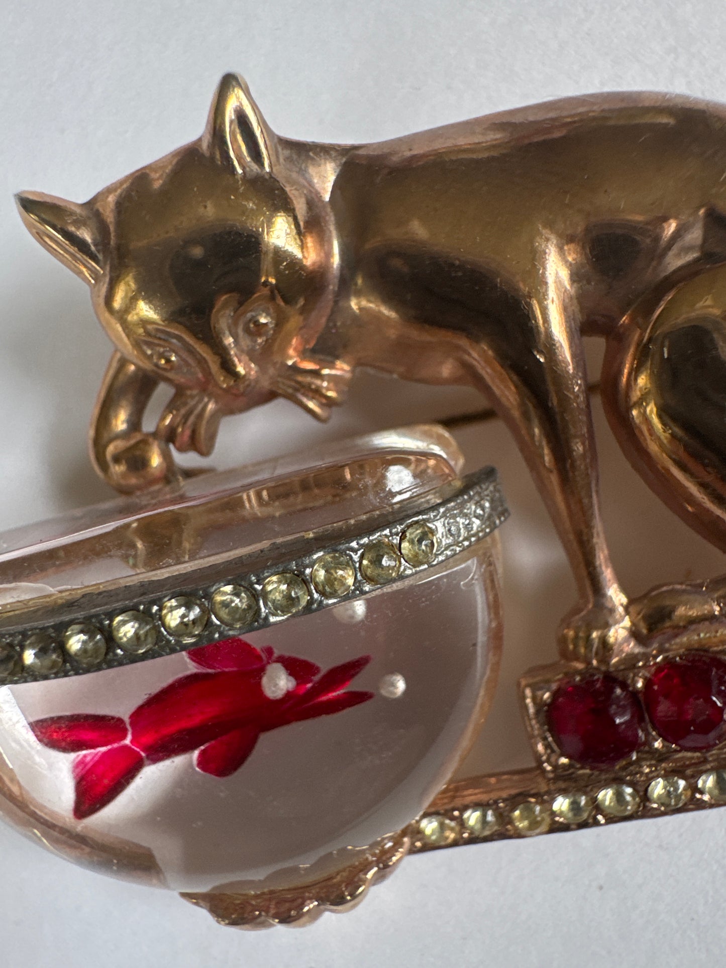 1960s gold tone cat with jelly belly fishbowl brooch