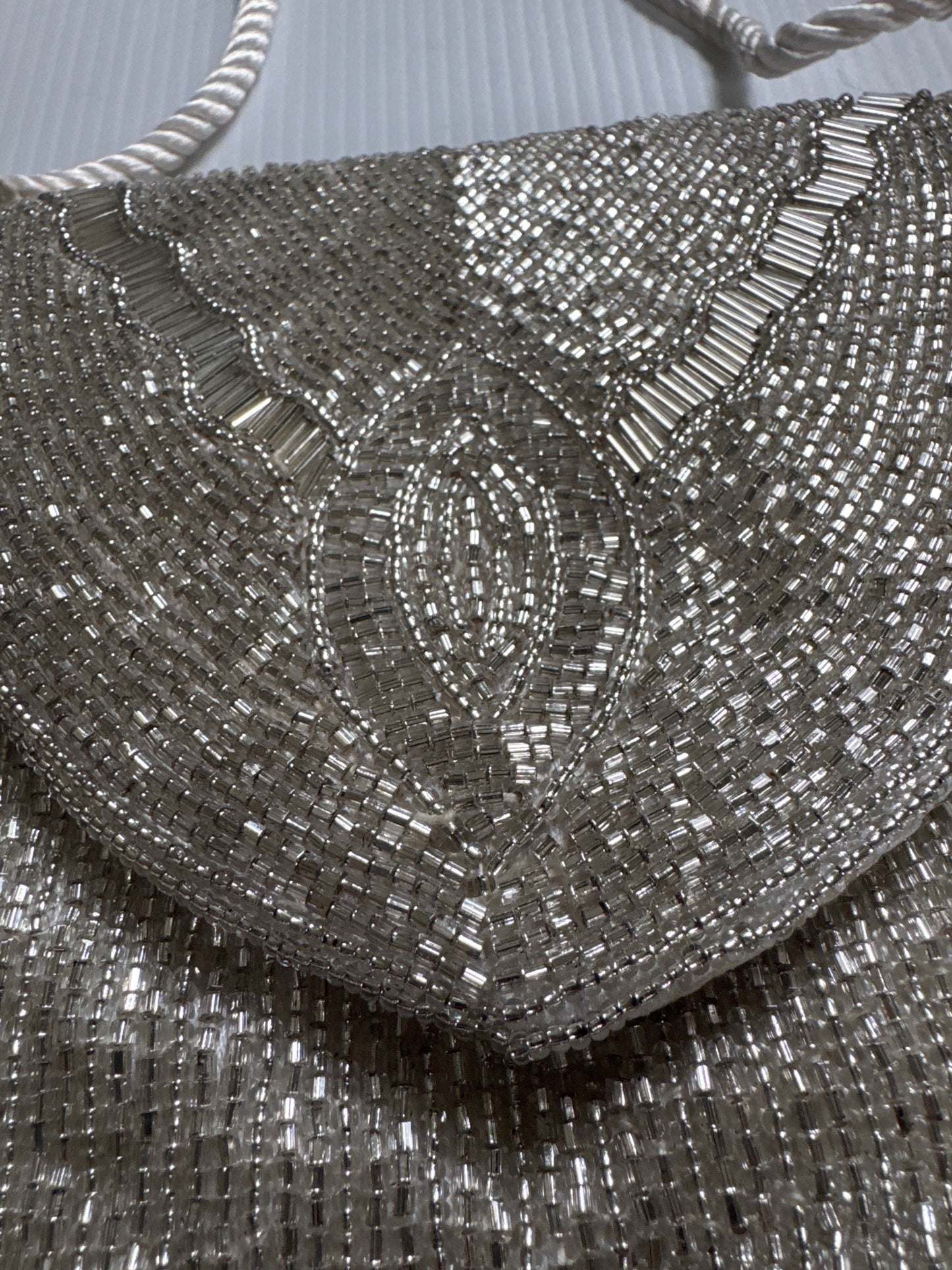 Beautiful 1940s silver beaded bag by WALBORG can be worn as a clutch or shoulder bag
