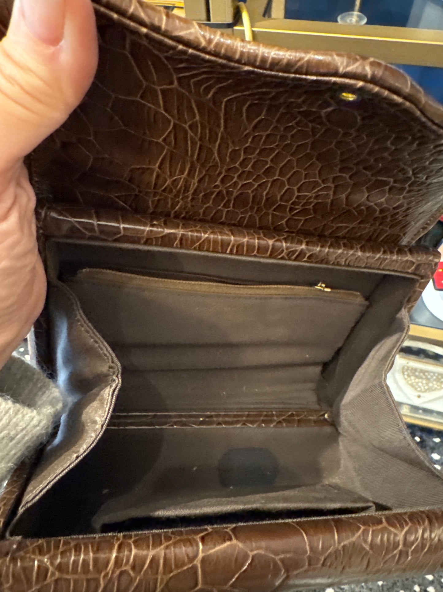 Mid-century taupe top handle embossed handbag with decorative clasp