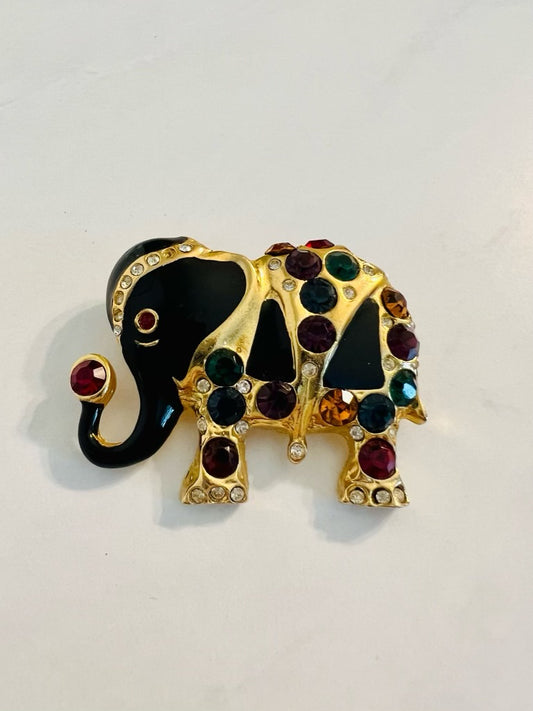 Vintage jeweled Indian elephant with colored crystals black enamel brooch