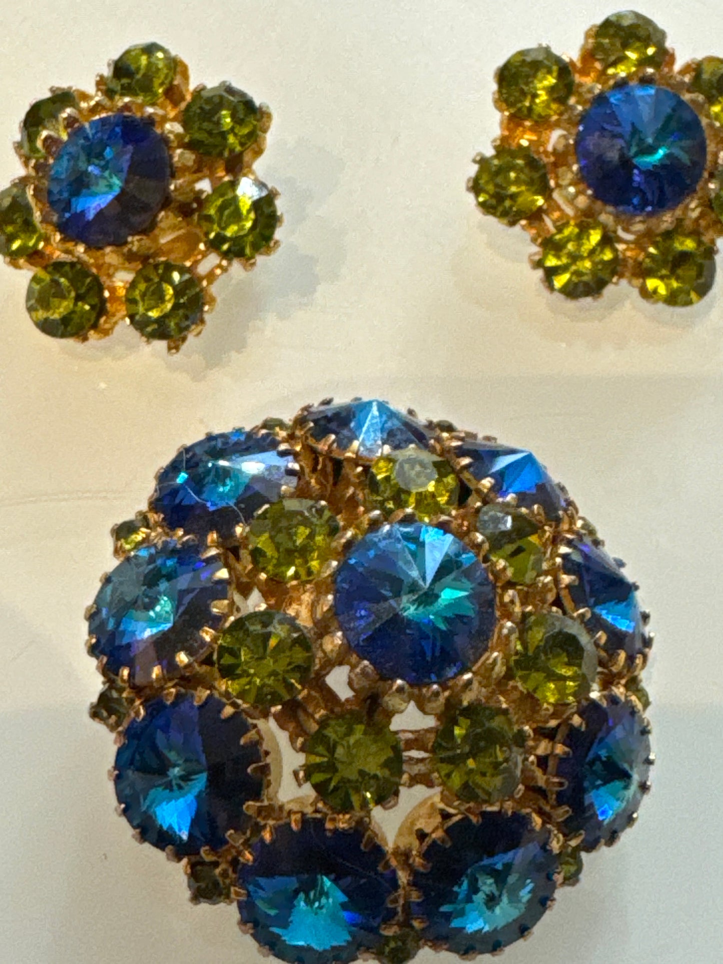 Absolutely gorgeous watermelon stone brooch, and earring set. Blue watermelon, rhinestones and olivine colored stones. NYC