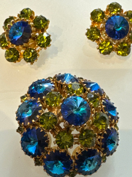 Absolutely gorgeous watermelon stone brooch, and earring set. Blue watermelon, rhinestones and olivine colored stones. NYC
