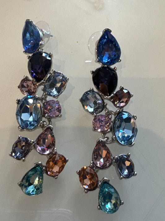 Retro dangle rhinestone earrings in tones on blue and purple with silver tone