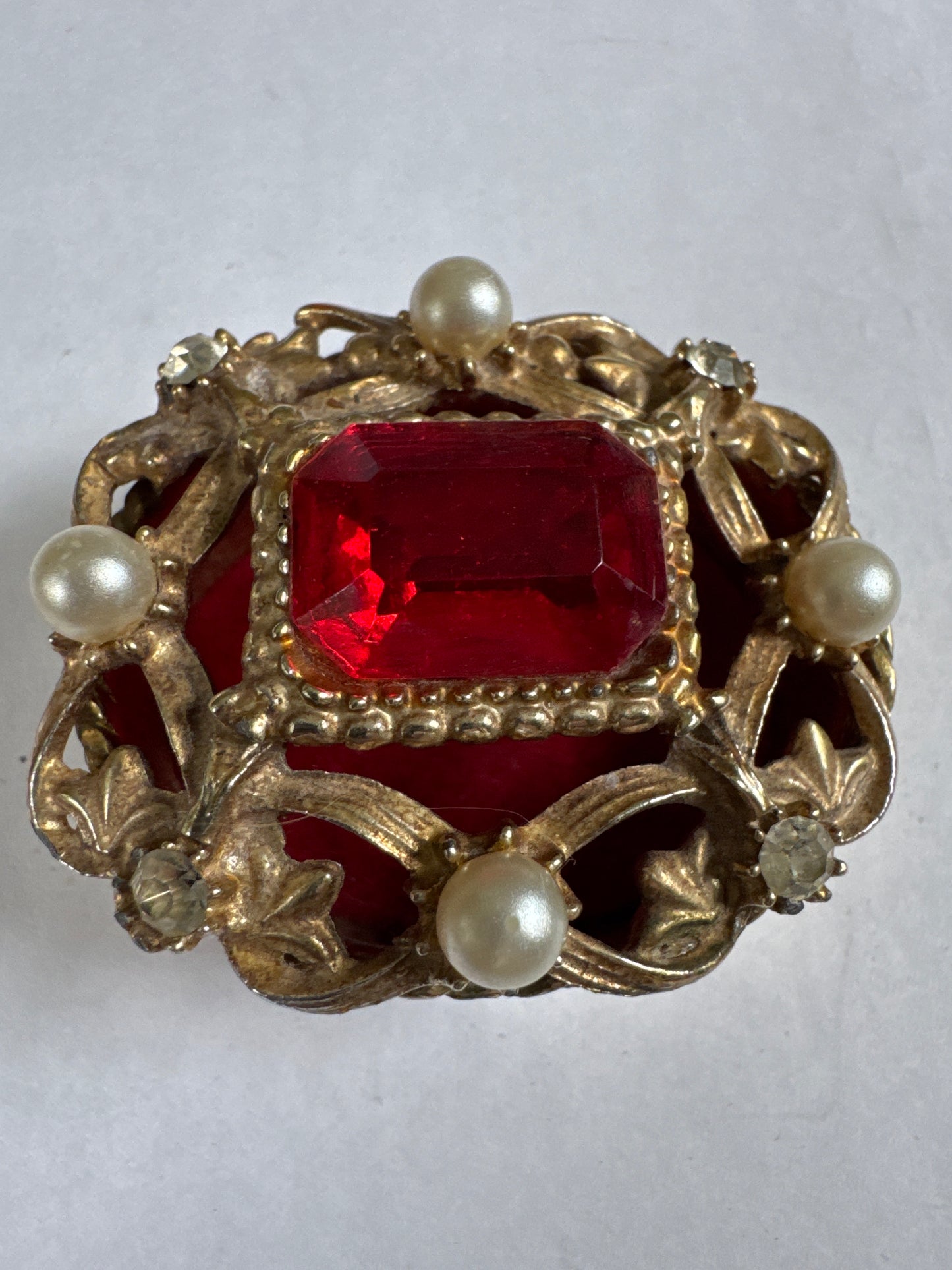 vintage signed Florenza trinket box with faux pearl rhinestones and red Centerstone