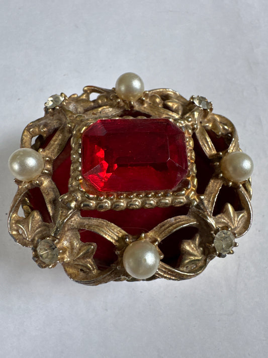 vintage signed Florenza trinket box with faux pearl rhinestones and red Centerstone