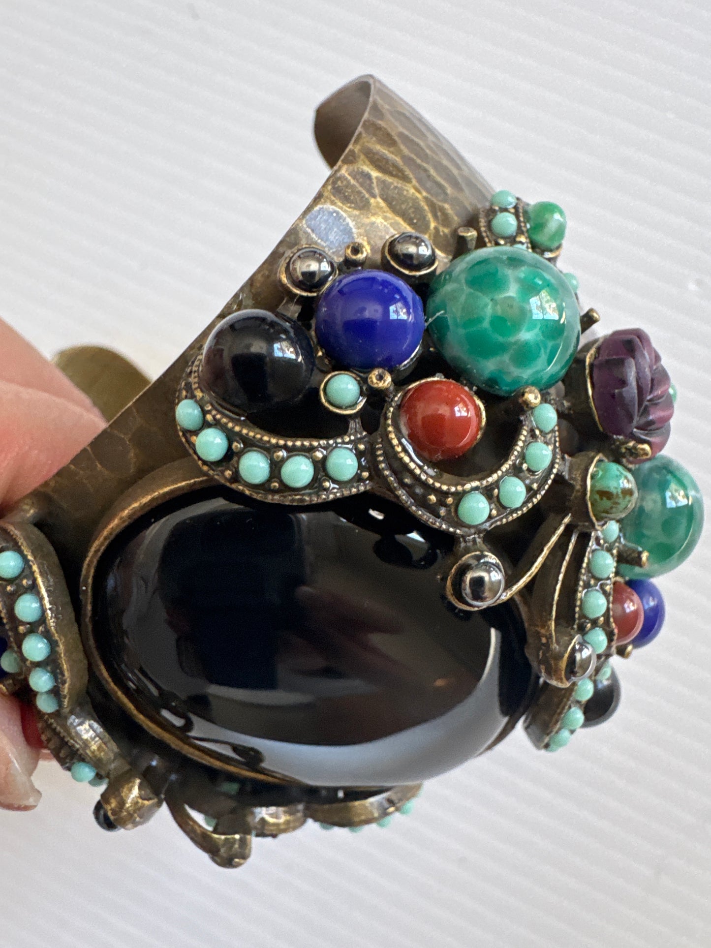 1970s beautiful signed, sweet romance cuff bracelet with colored cabochons shaping a butterfly