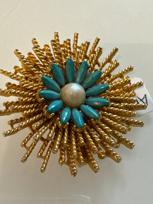 Arthur Pepper starburst brooch 1960s gold tone with turquoise and pearl