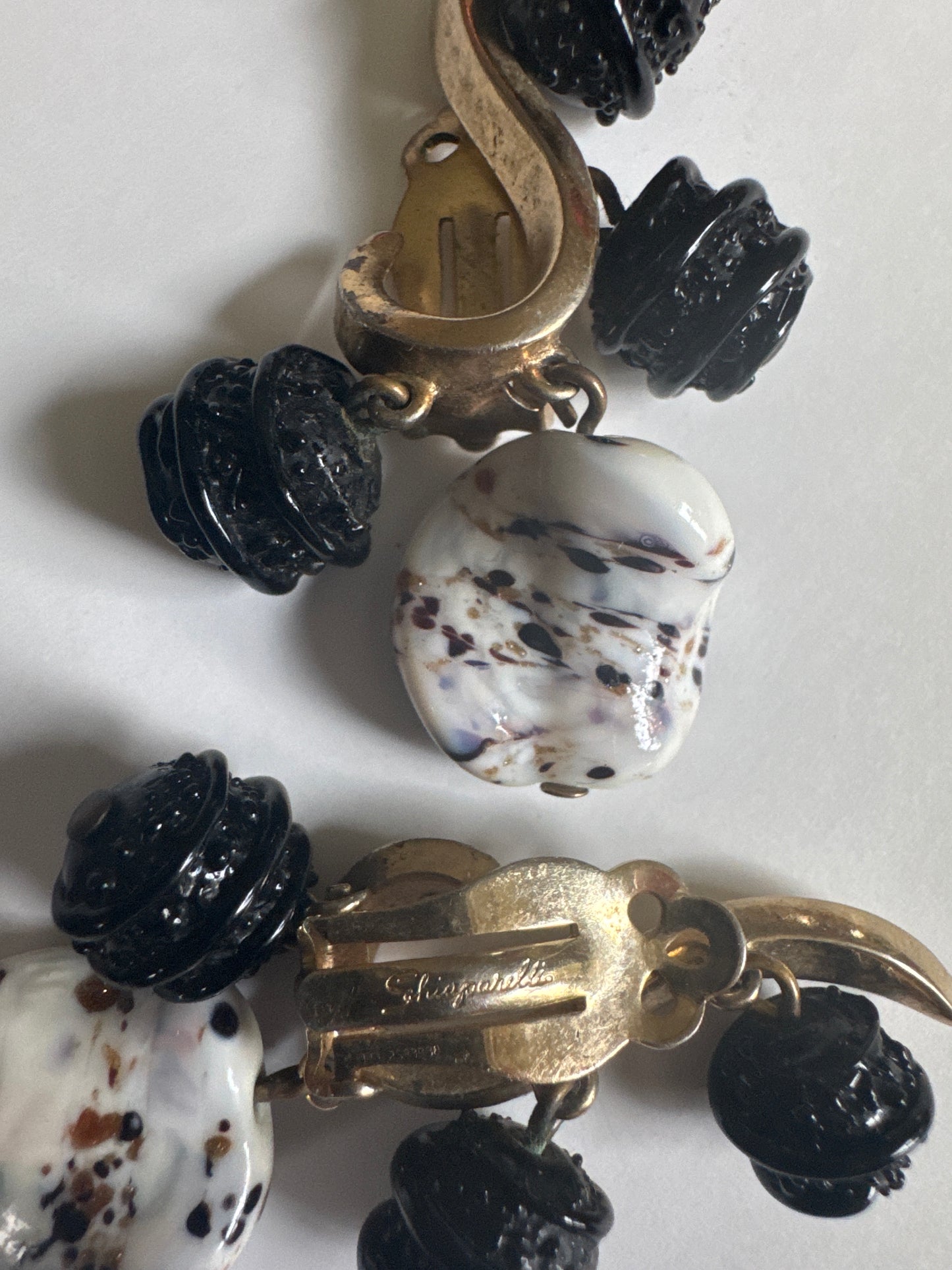 Rare 1930s signed SCHIAPARELLI earrings with black dangles and white Resnick bangle with black and white marble feel