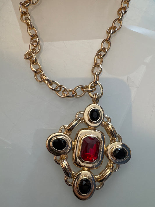 Vintage RJ Graziano pendant necklace with red and black stones
