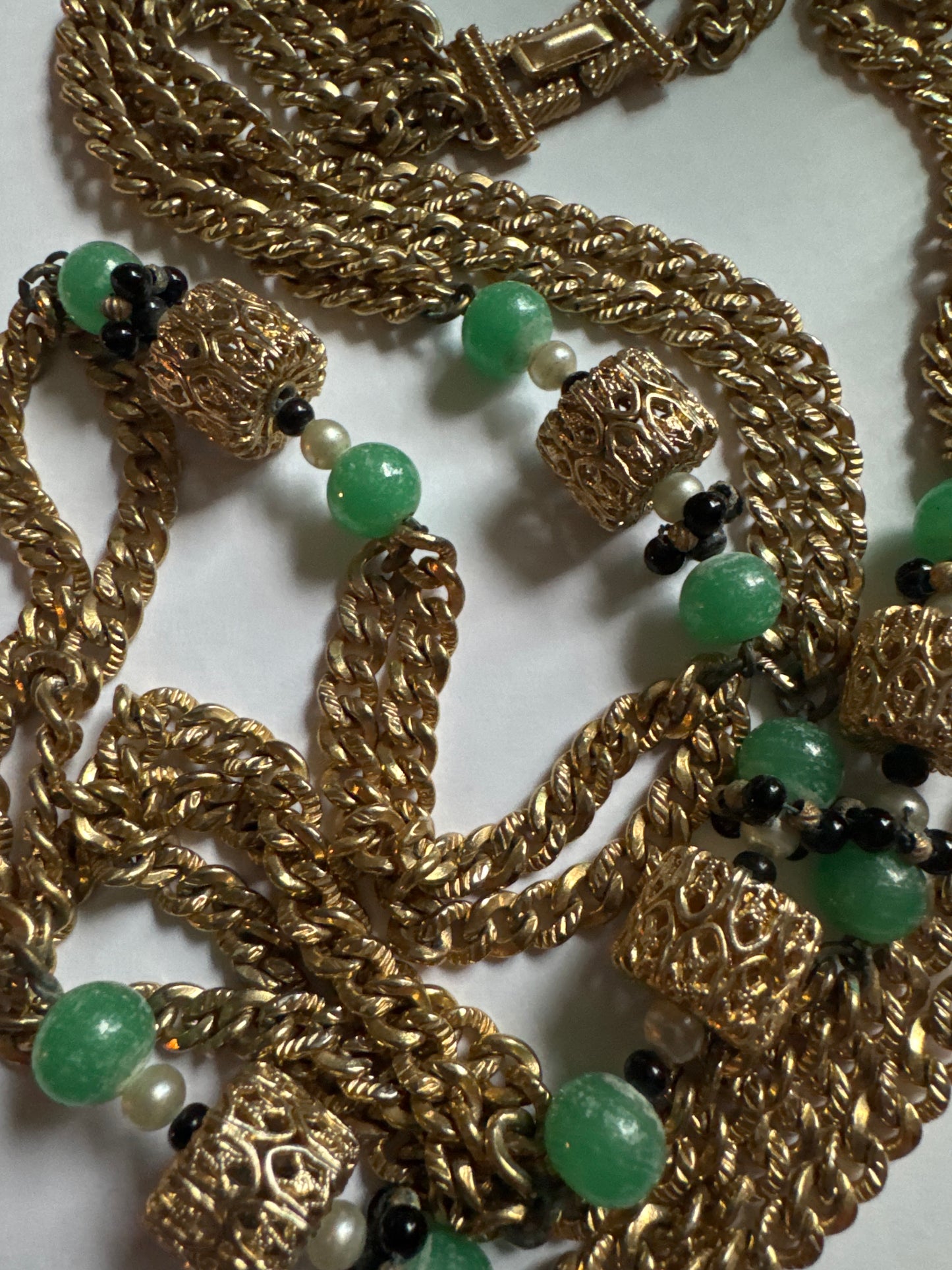 Marvella Signed Vintage 2 Strand Gold Tone
Metal Green Beaded Necklace