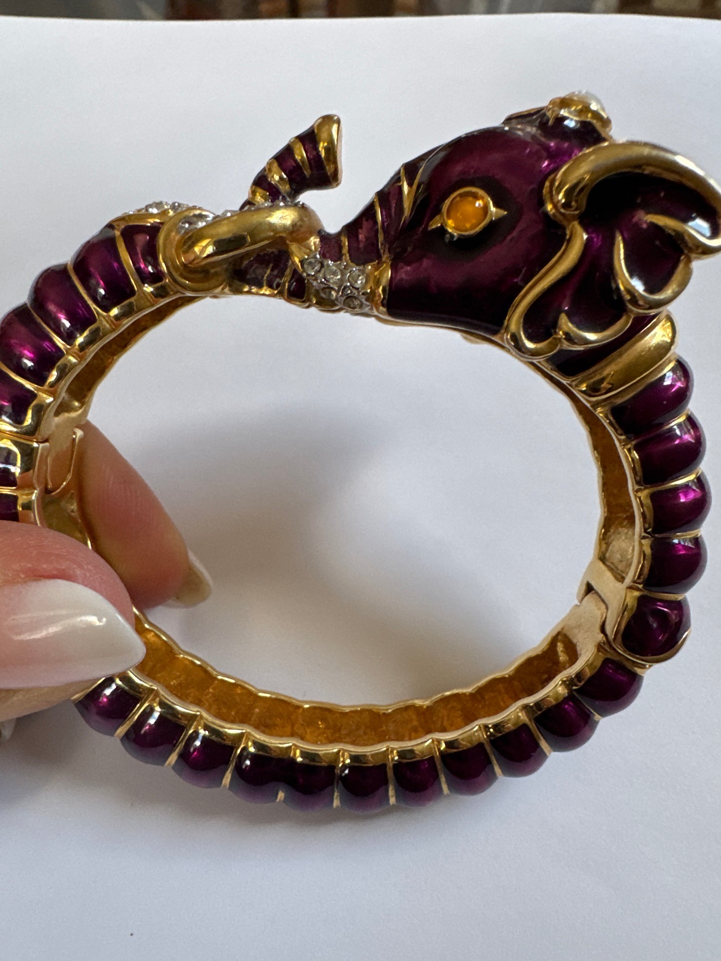 Beautiful 1990s signed Kenneth J Lane purple metallic enamel elephant clamper with rhinestones