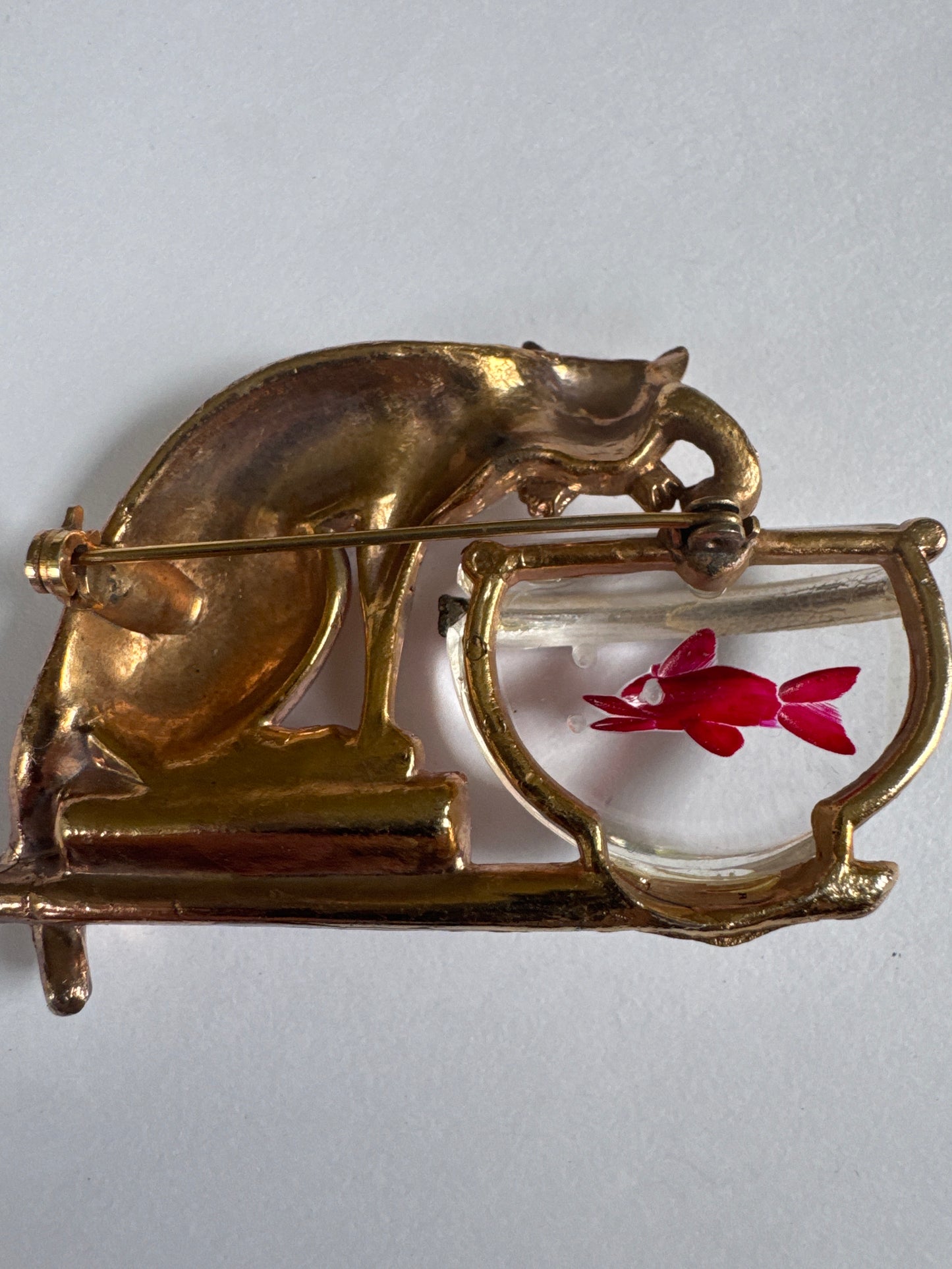 1960s gold tone cat with jelly belly fishbowl brooch