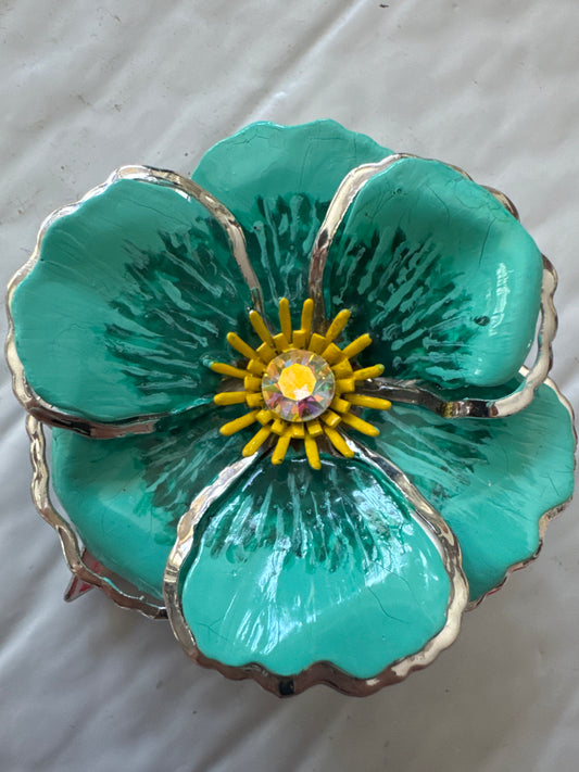 1970s turquoise flower brooch with center aurora borealis