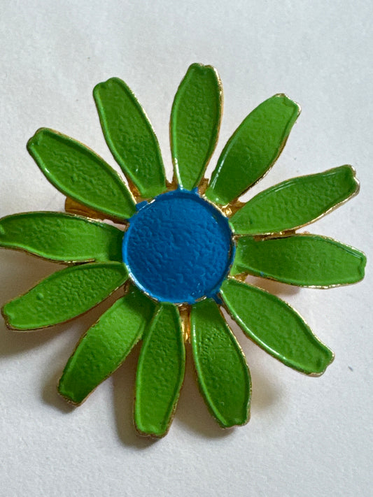1960s flower power brooch in green and blue on gold tone