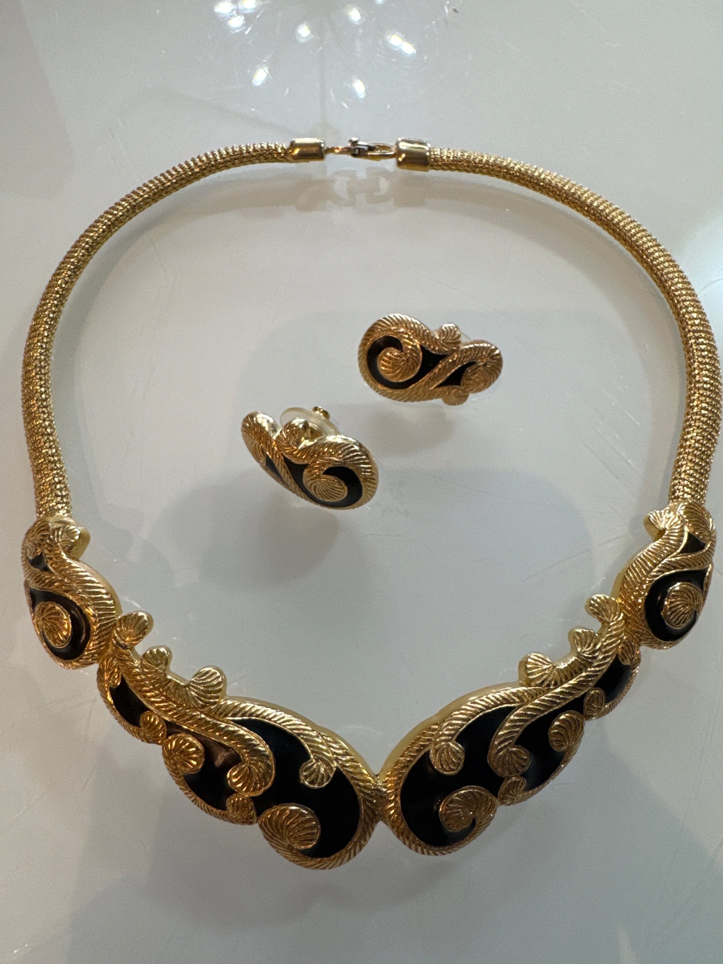 Beautiful 1990s Christian Dior necklace and pierced earring set in gold plate with black enamel