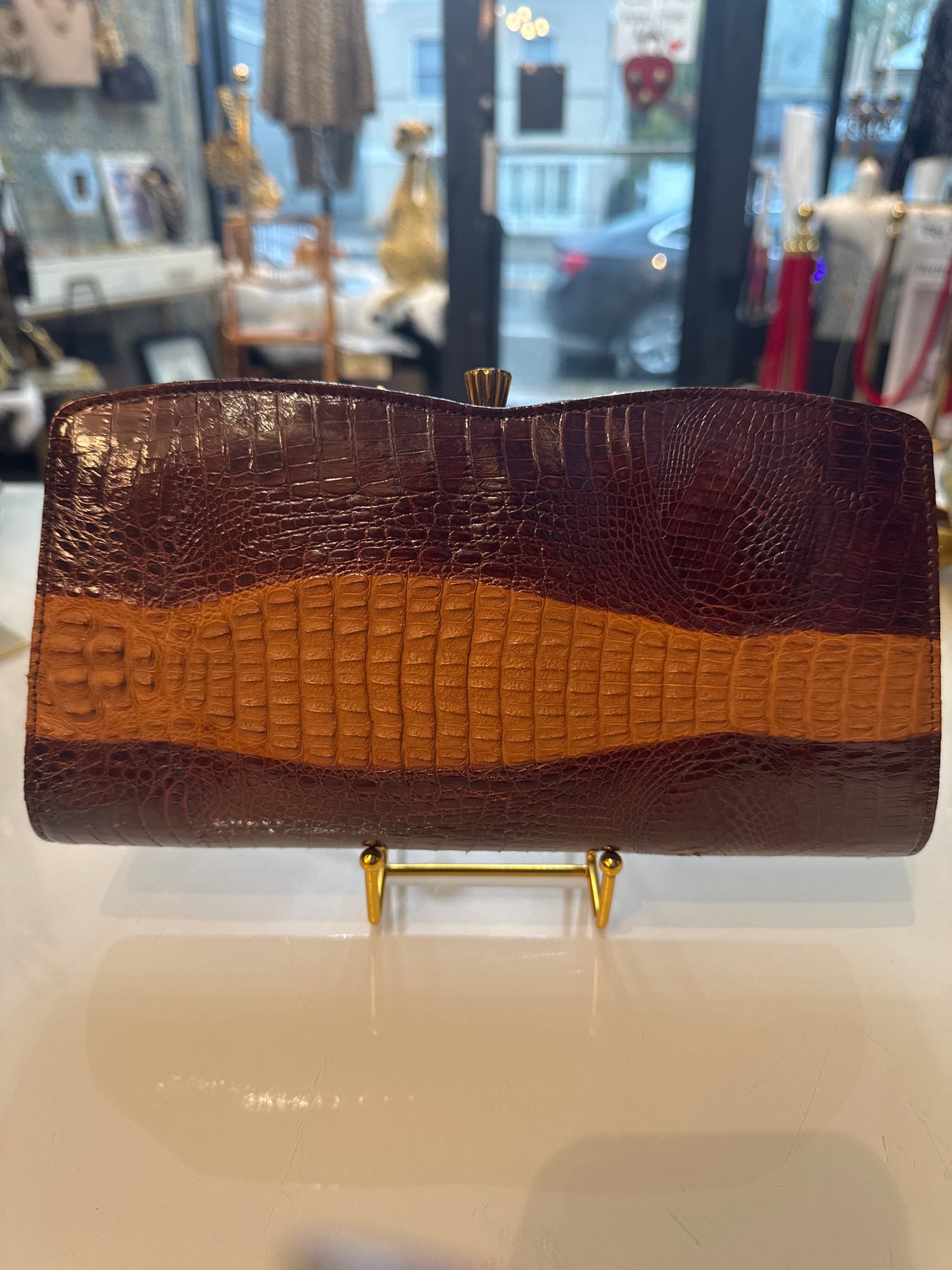 Beautiful brown and tan crocodile 1940s clutch