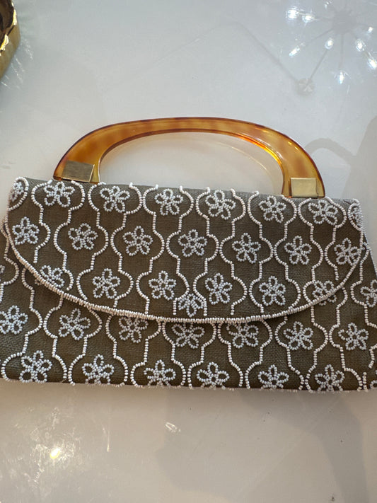 1940s beaded khaki clutch with lucite top