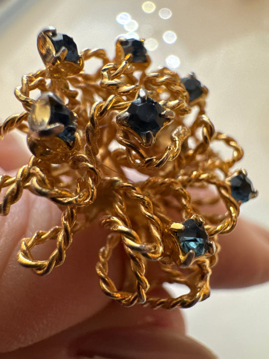 Brutalist style vintage cocktail ring with blue rhinestones