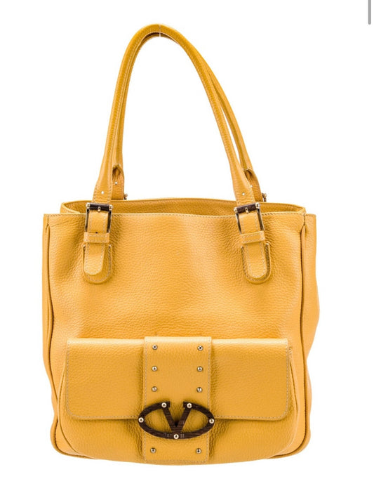 Vintage Valentino leather tote bag in honey mustard with signature wood V on front and at hardware. middle zip with 2 compartments and interior  zipper. Great condition