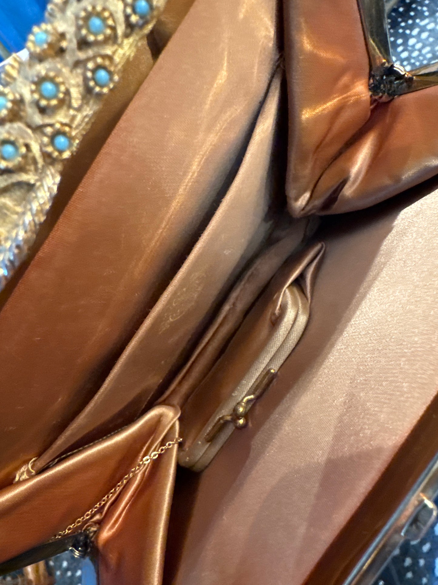 Absolutely gorgeous 1950s black lizard bag with stunning gold tone and turquoise hardware