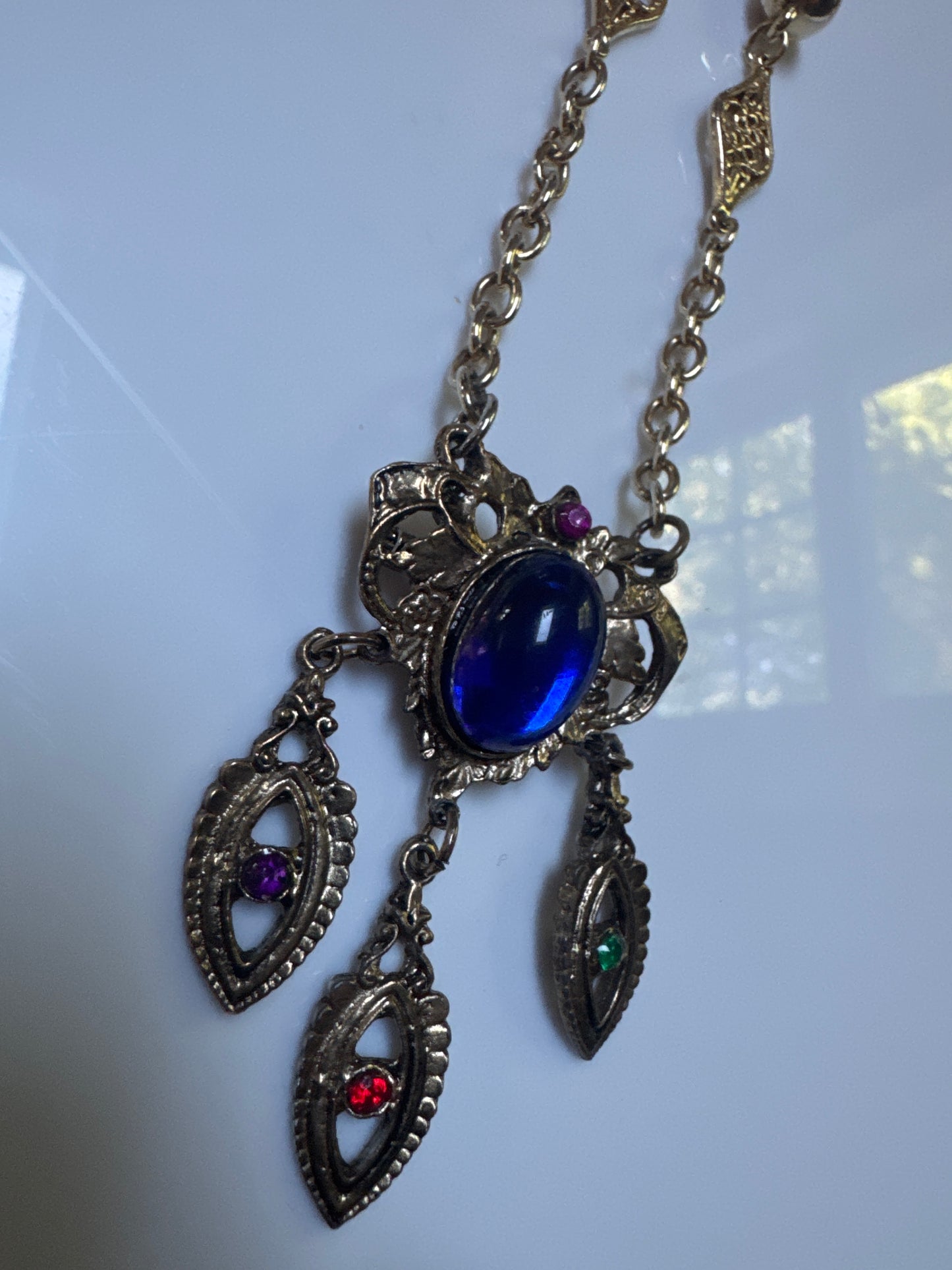 fun 1960s pendant necklace can also be worn as a brooch, gold tone with colorful cabochon stones