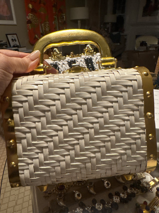 Beautiful 1950s white wicker top handle bag with gold trim