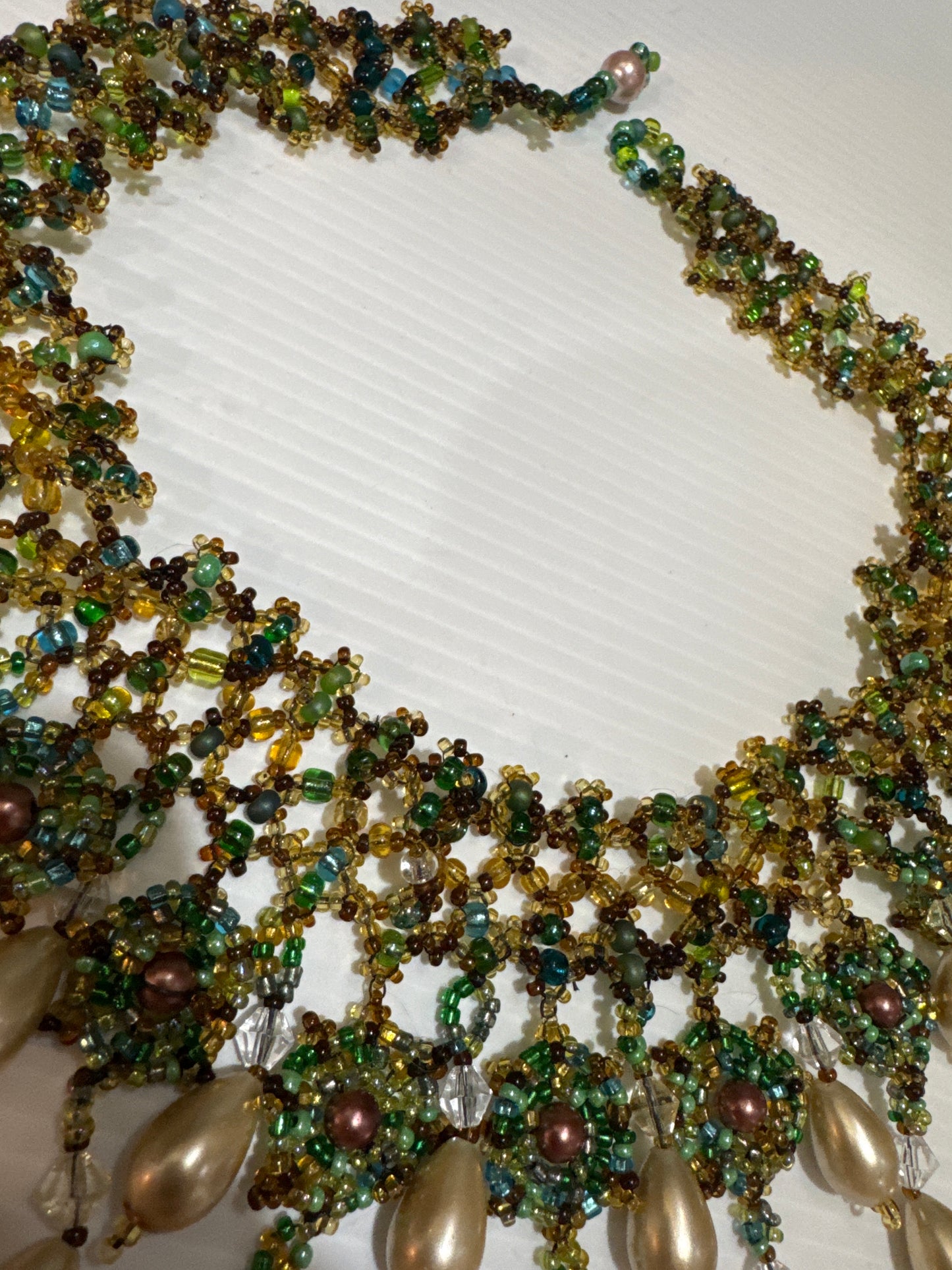1970s  hand beaded resin and pearl bib necklace. jackpot