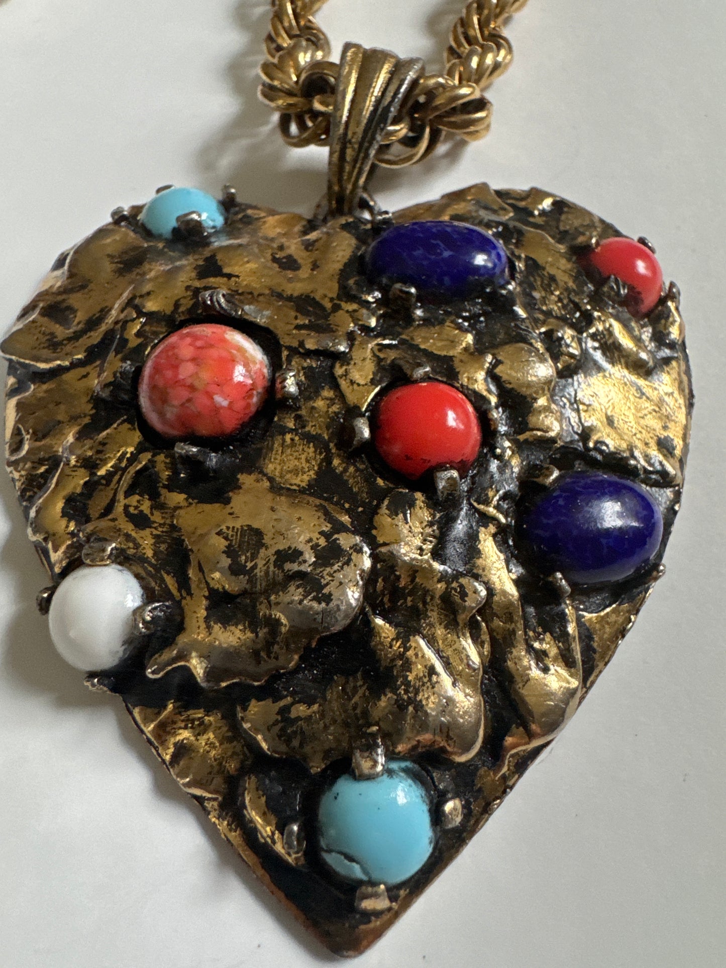 1970s signed PAULINE RADER heart pendant necklace with colored cabochon stones