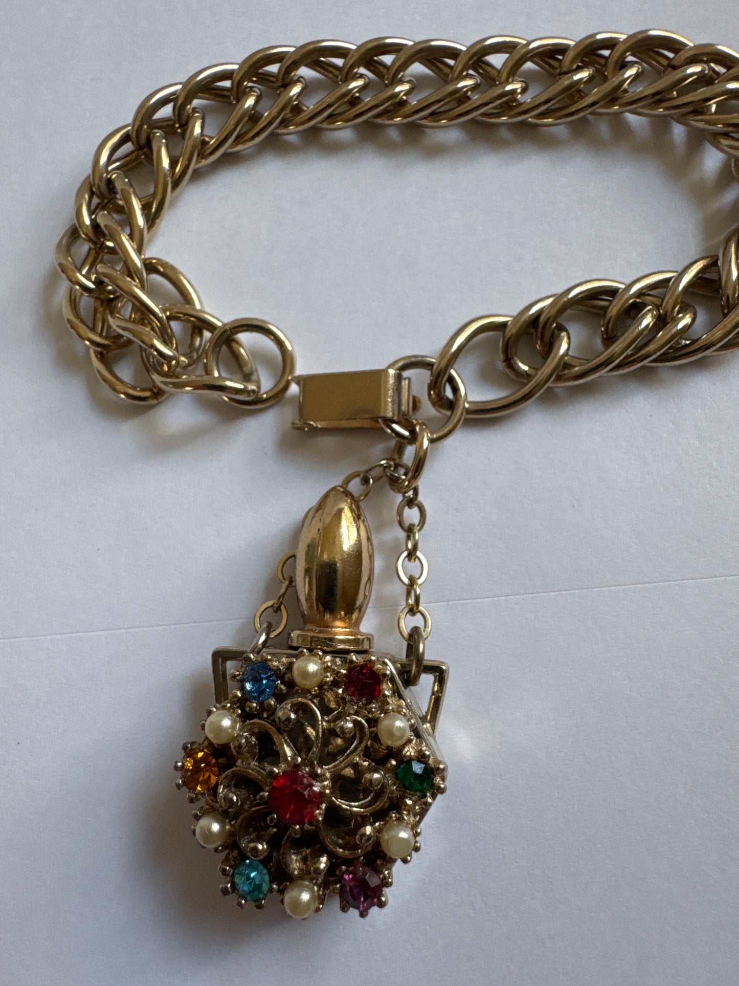1950s rhinestone fragrance bottle charm bracelet