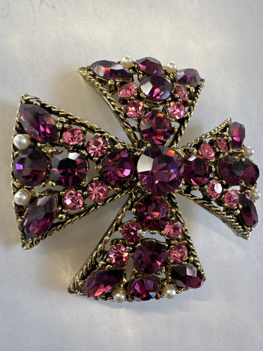 Beautiful purple rhinestone, Maltese cross brooch/pendant. Road