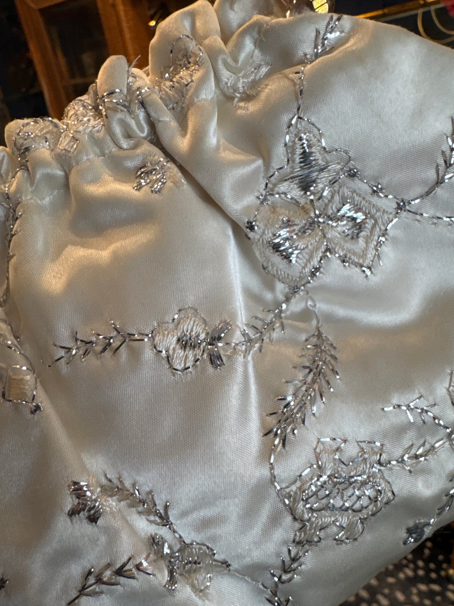 1960s ivory satin bag with silver embroidery and lucite handle