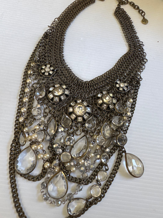 1990s RJ Graziano bib necklace in pewter with clear rhinestones