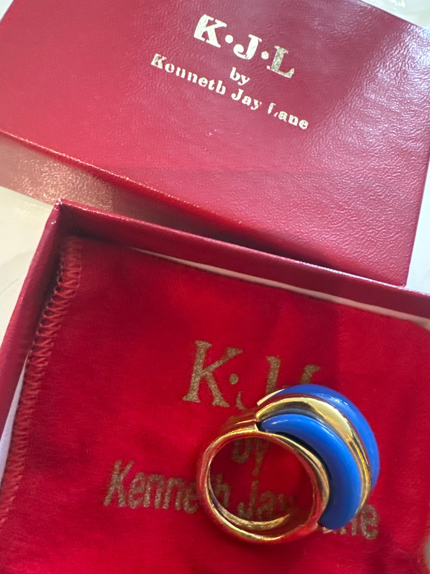 Vintage cobalt jumbo Kenneth Lane cocktail ring. In original box with dust bag!
