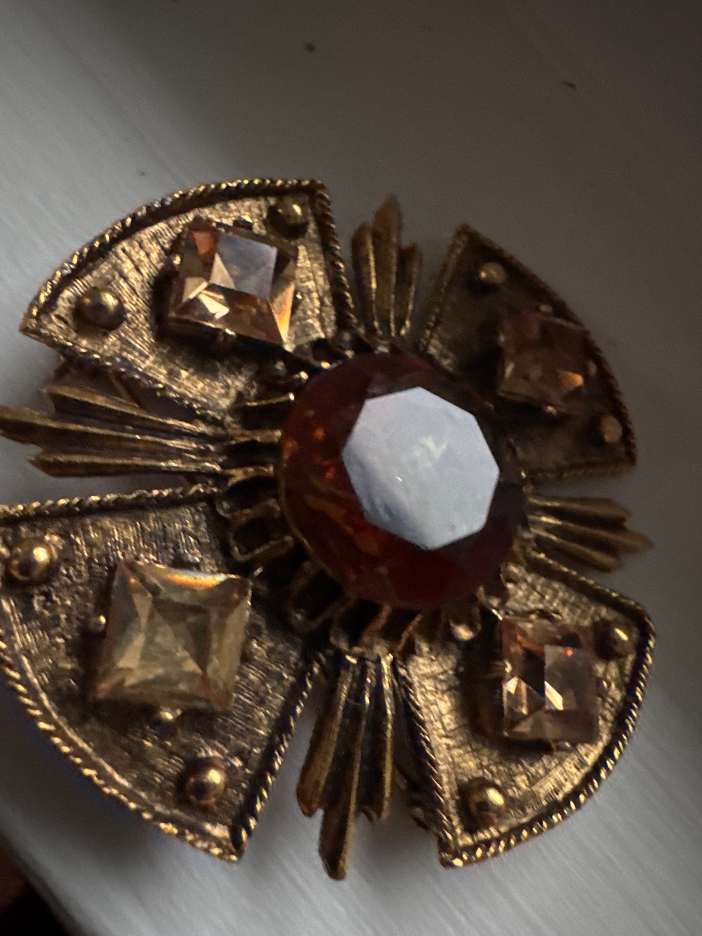 1960s signed DODDS Maltese cross brooch with Amber colored rhinestones and pendant option