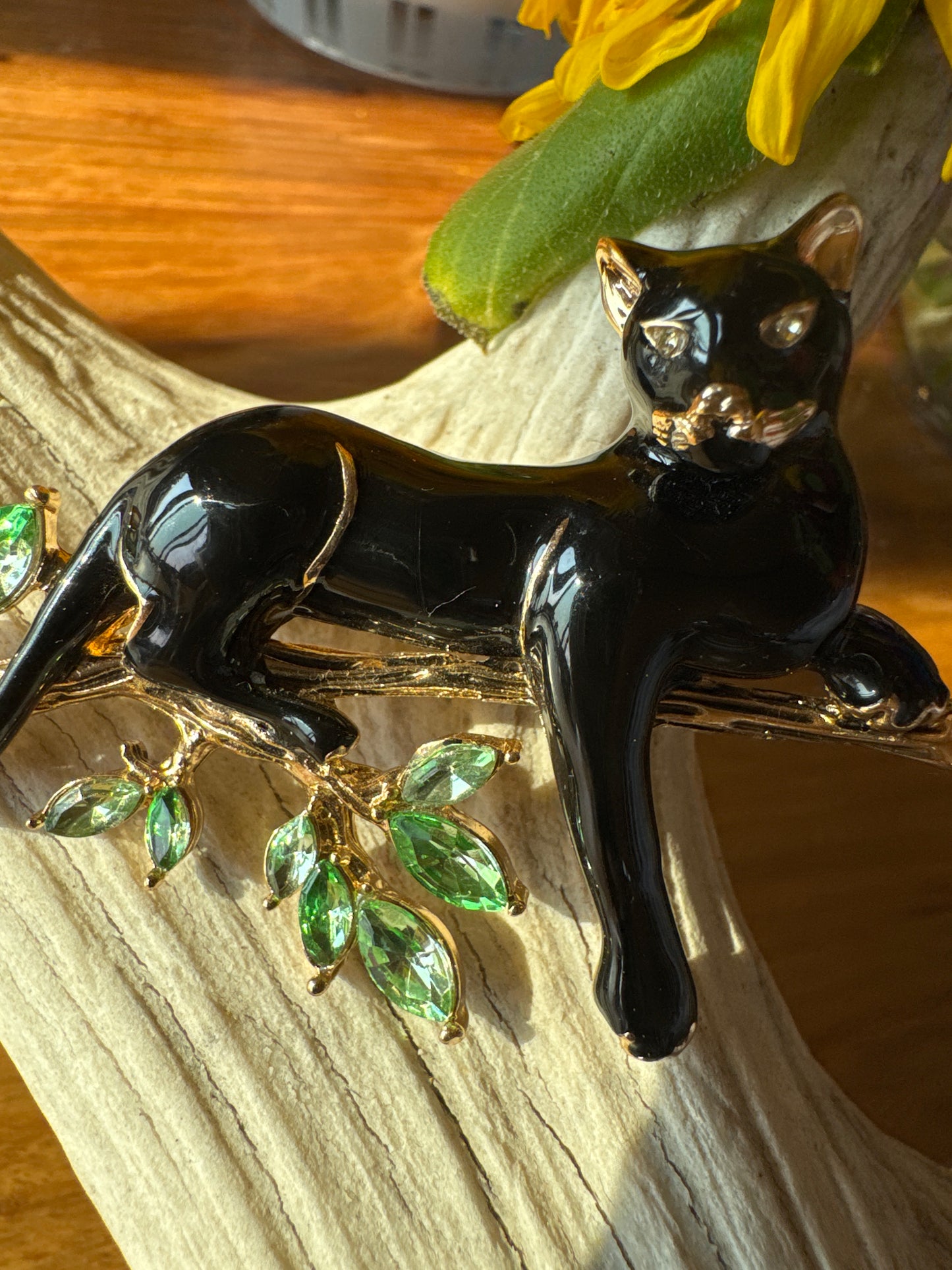 Signed vintage Napier enamel panther brooch with green rhinestones