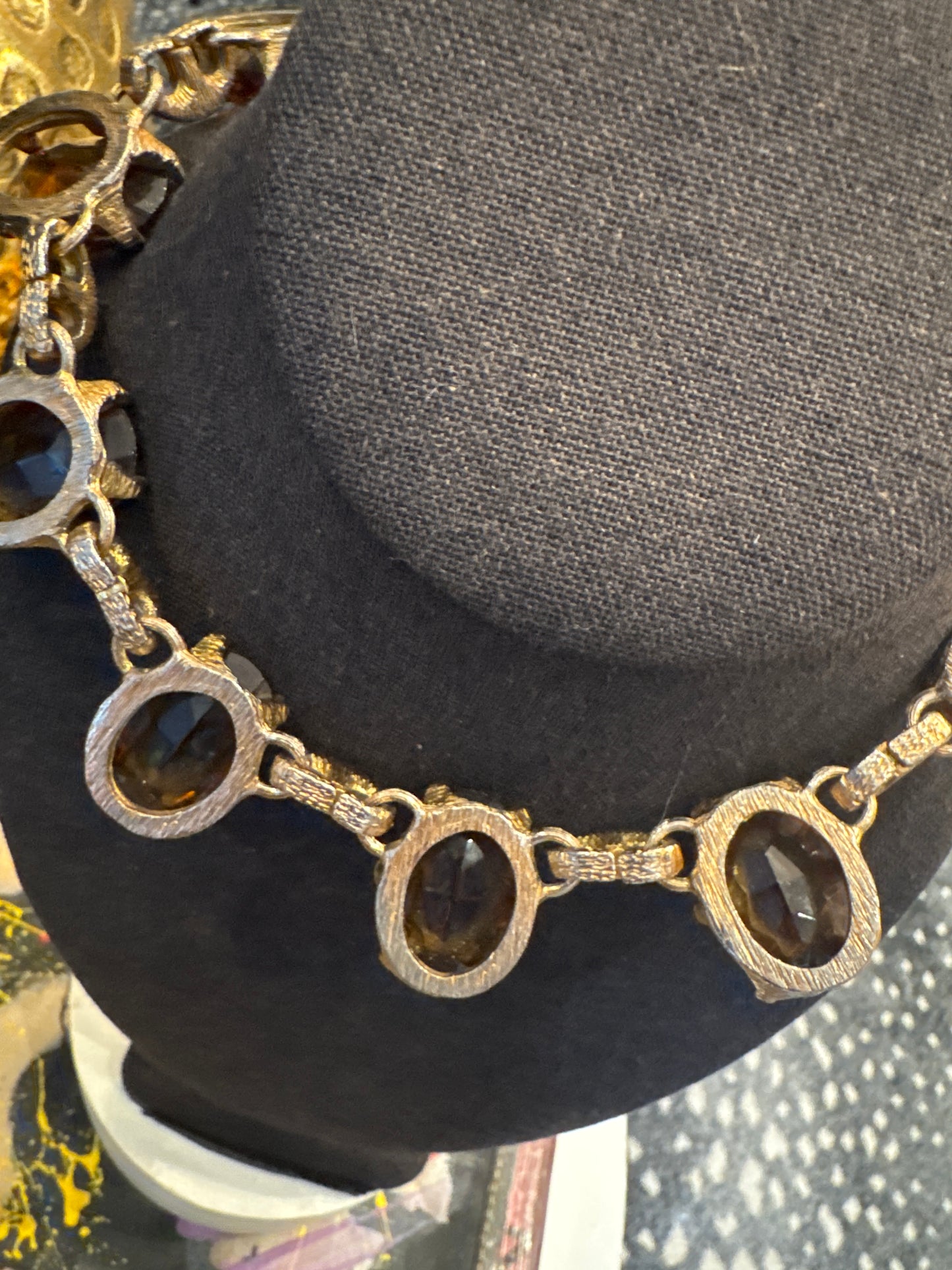 stunning 1940s amber colored Austrian Christal necklace with heavy gold washed brass and open back settings
