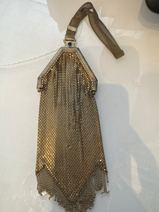 1920s gold mesh flapper bracelet dance bag with blue cabochon