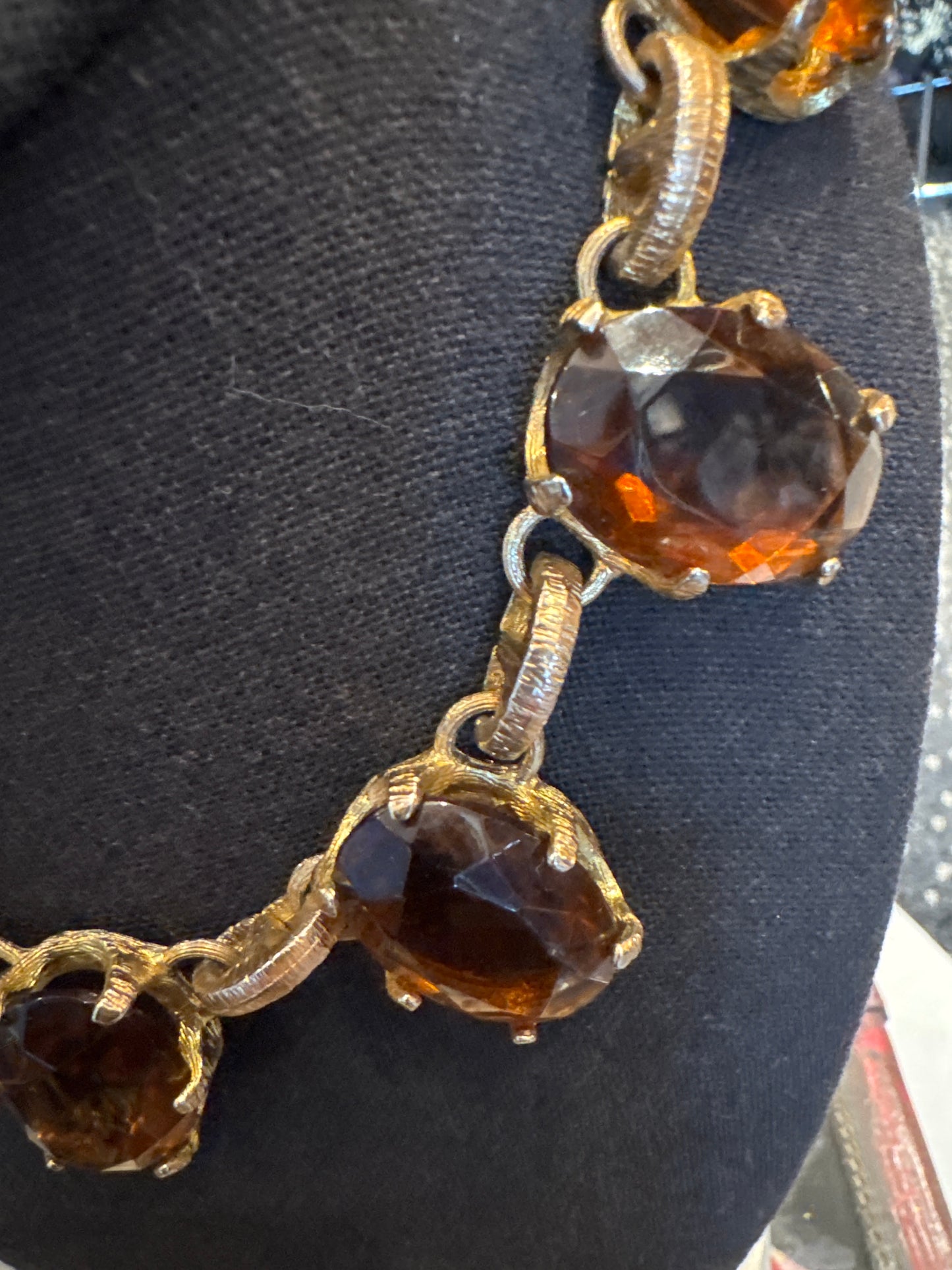 stunning 1940s amber colored Austrian Christal necklace with heavy gold washed brass and open back settings