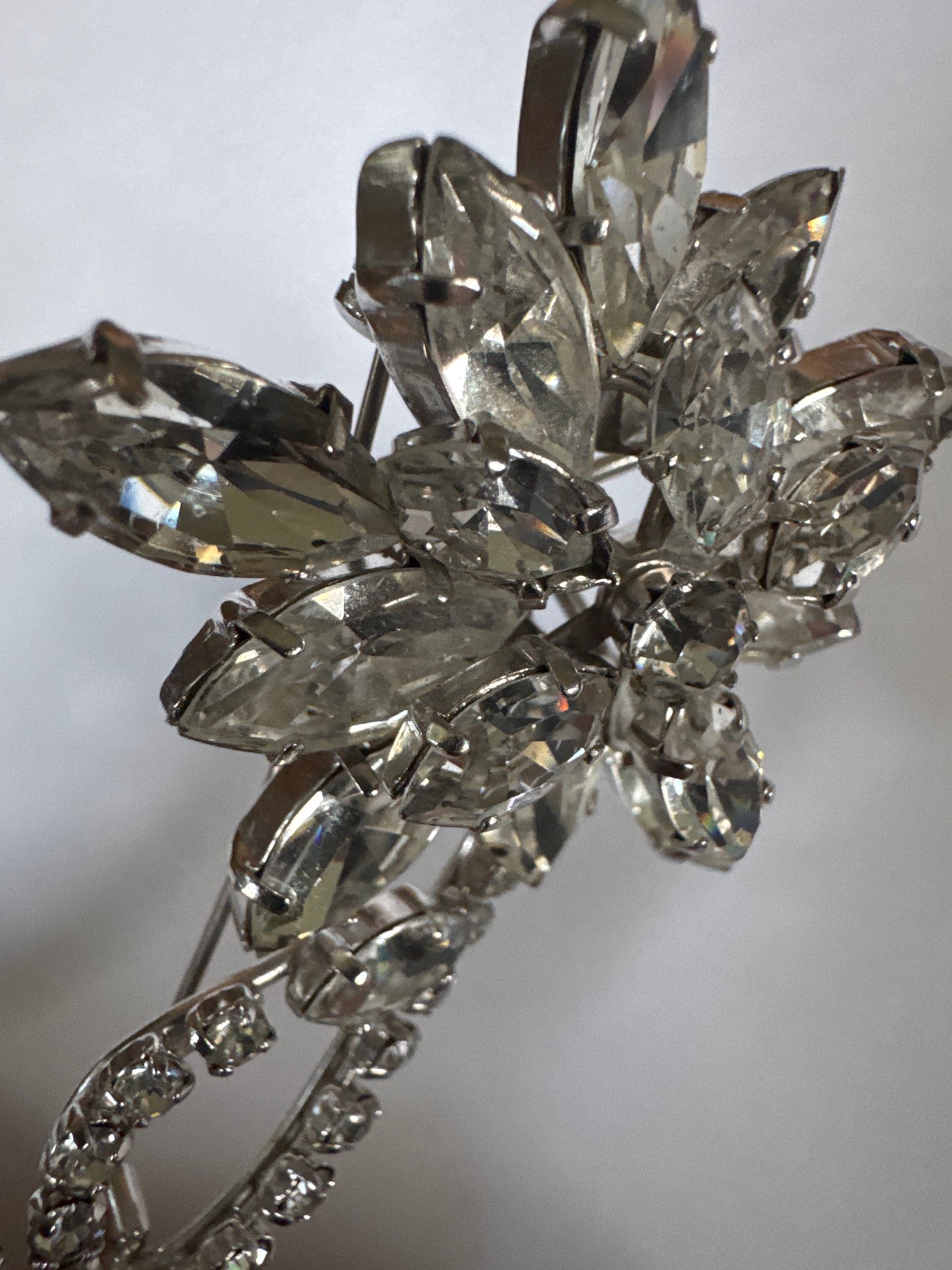 1940s sparkly flower brooch with layered clear rhinestones