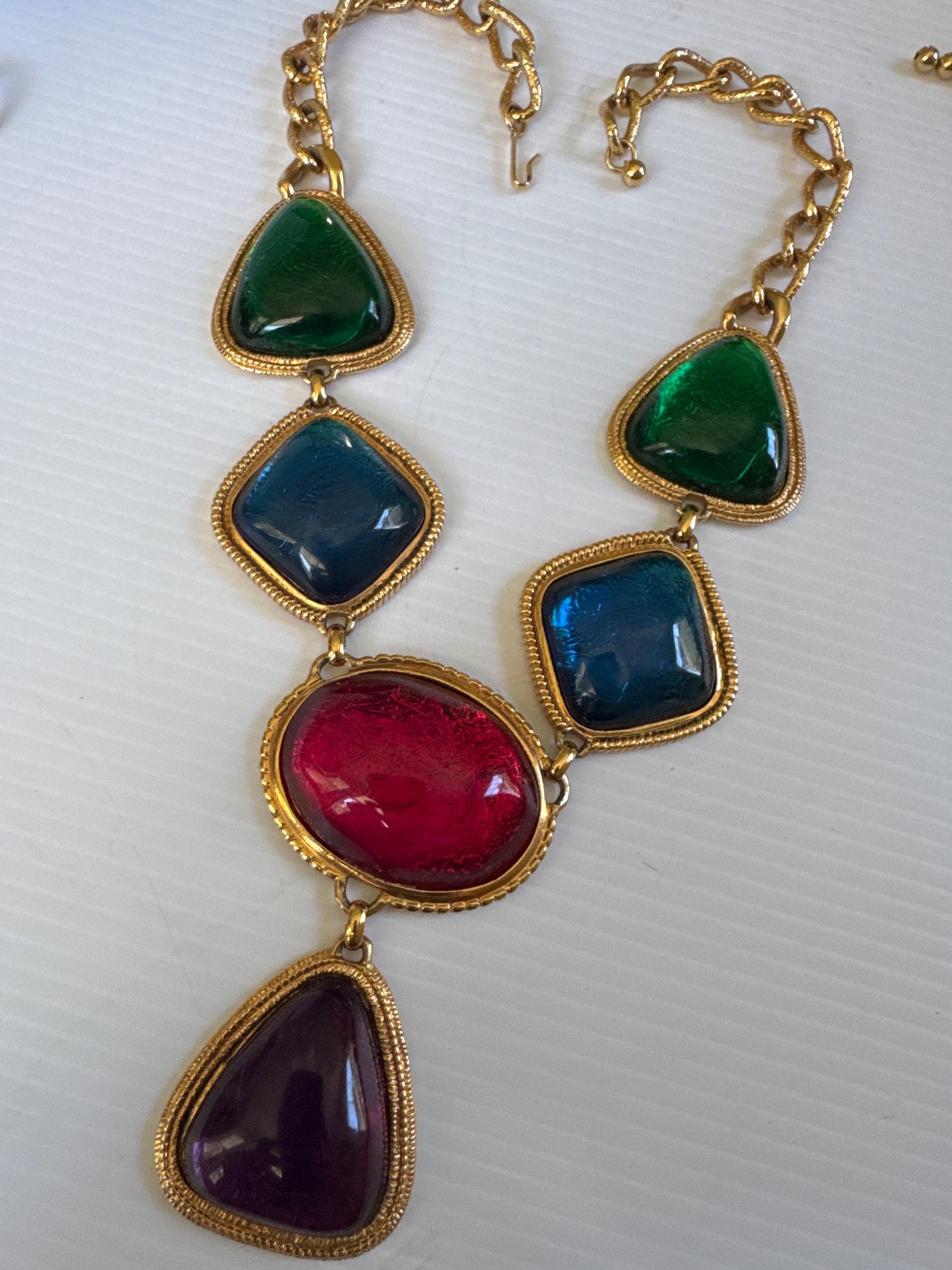 Signed KJL for Avon colored cabochon and gold tone j hook adjustable necklace ~ matching bracelet available separately