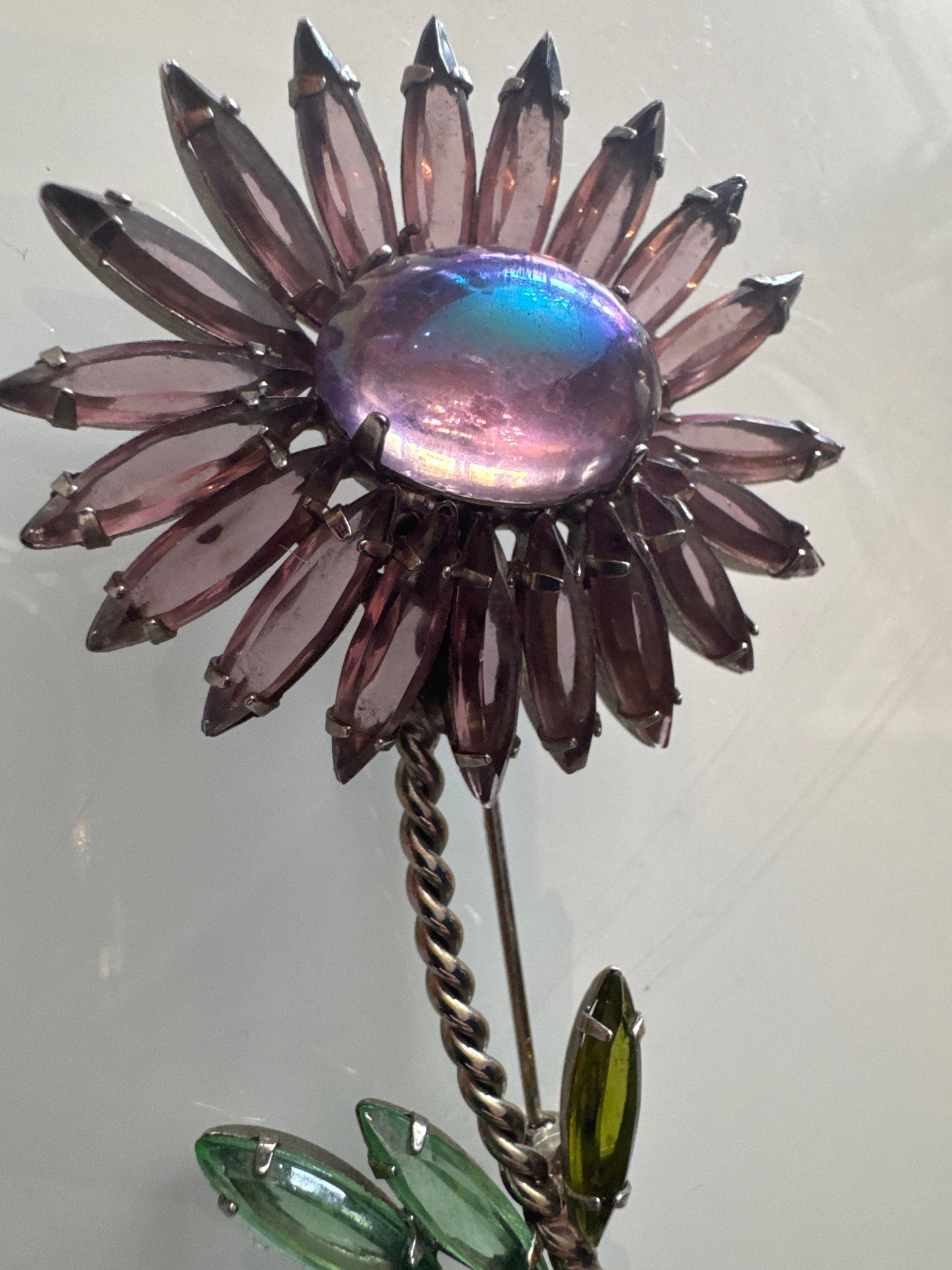 Vintage Jewelry SCHREINER Flower Brooch, Statement Unsigned Floral Pin Purple, Green Rhinestones 1950s Mid Century