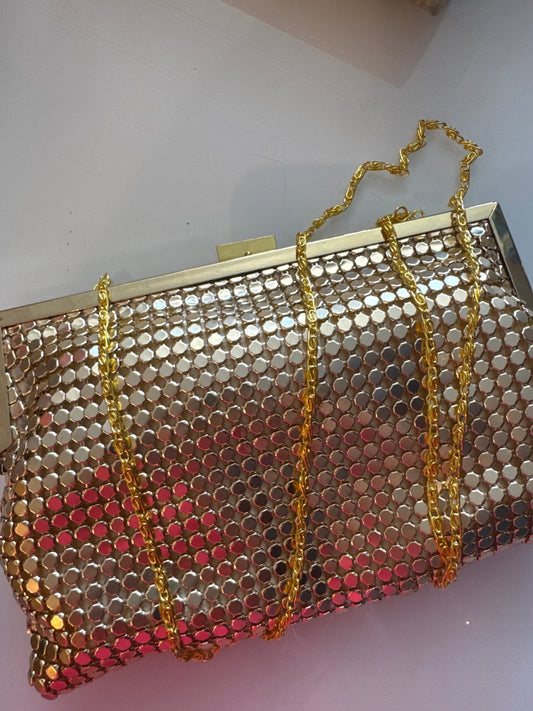 Retro gold metal clutch with Crossbody strap, optional and rhinestone clasp