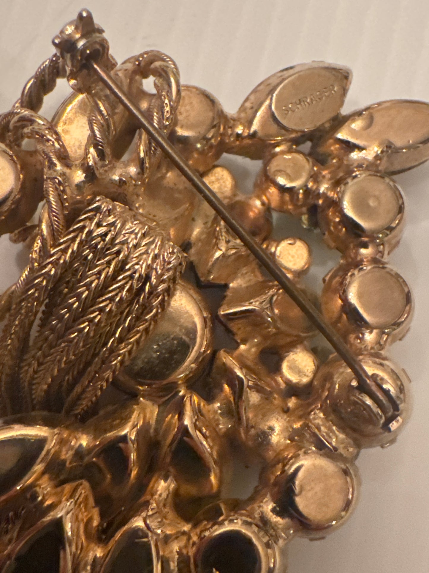 Beautiful RARE 3-D rhinestone and gold tone jangle 1950s signed SCHRAGER rivoli brooch