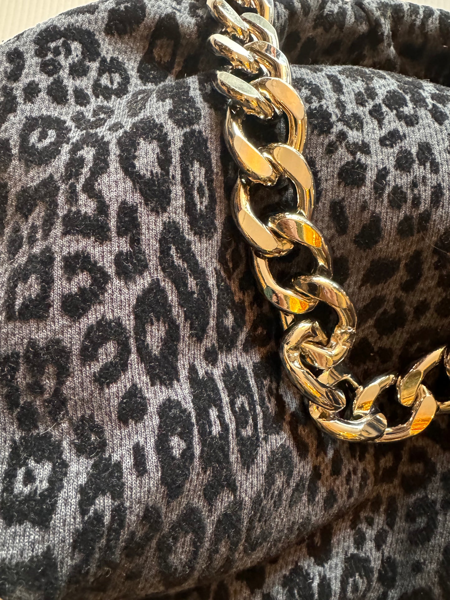 Exclusive Limited Edition Vavra New York bag collection. This burn out velvet leopard print grey and black converts from clutch to shoulder strap with chunky chain shown. Black lining with interior pocket.