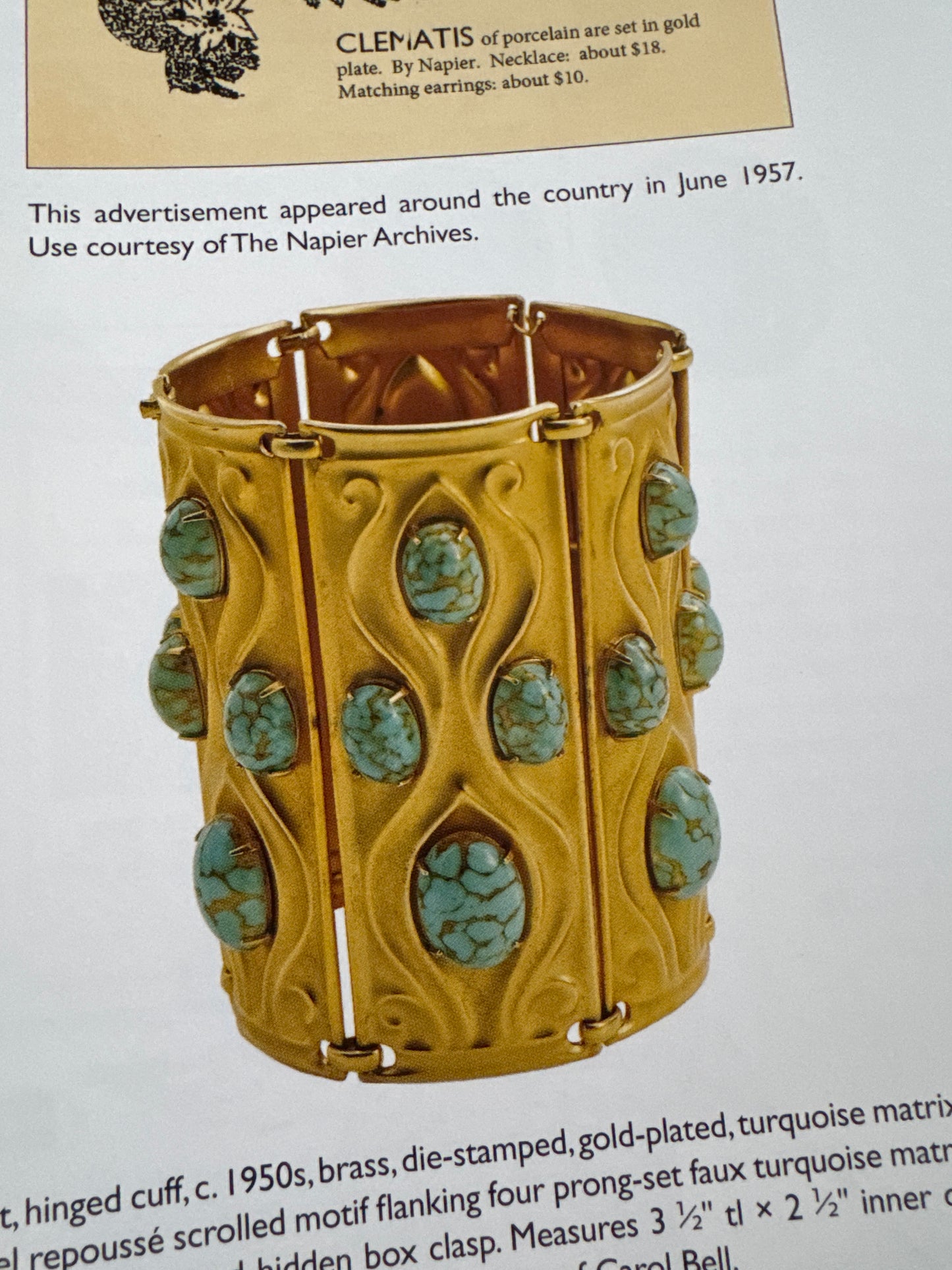 VTG RARE 50s RUNWAY NAPIER GP REPOUSSE FAUX TURQUOISE WIDE BRACELET BOOK PIECE
