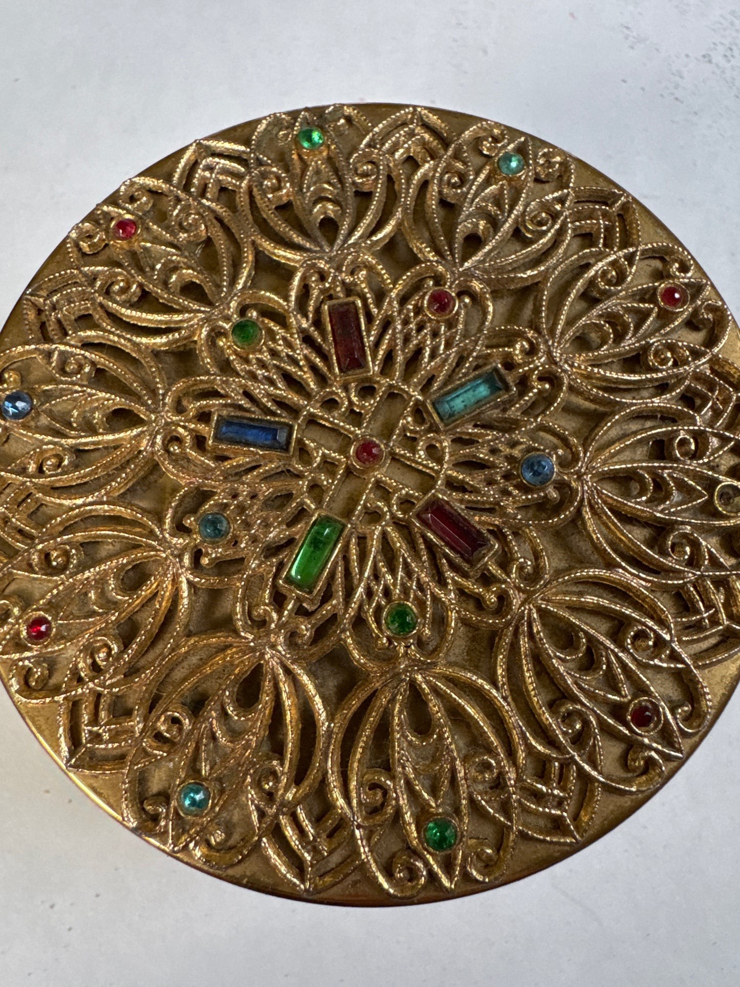 Vintage Round Brass Filigree and Bejeweled
Jewelry Trinket Box