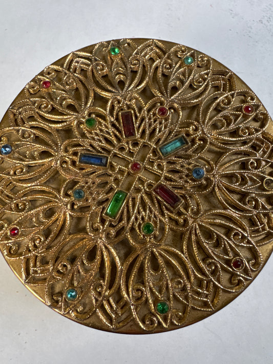 Vintage Round Brass Filigree and Bejeweled
Jewelry Trinket Box