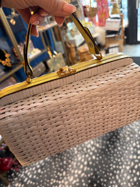1960s white wicker bag with yellow detail