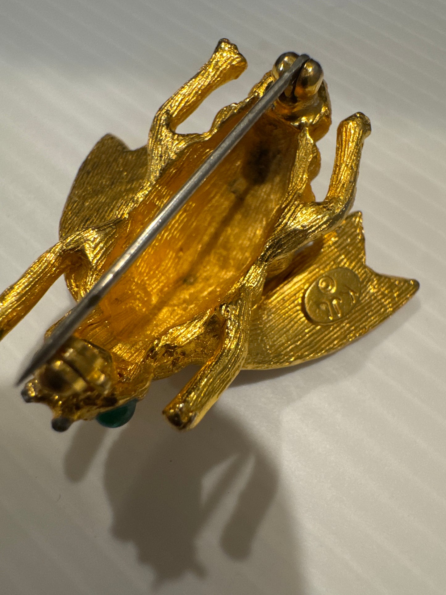 vintage signed KJL insect brooch with enamel and rhinestones